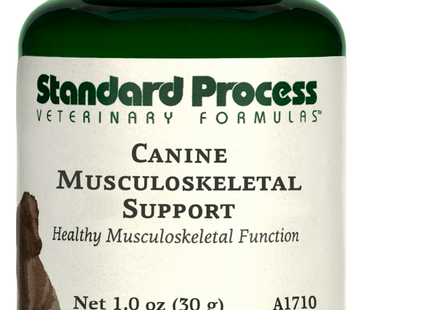 A bottle of Canine Musculoskeletal Support, a powder supplement for dogs’ muscles, ligaments and bone health, next to an image of the powder supplement.