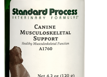 A bottle of Canine Musculoskeletal Support, a powder supplement for dogs’ muscles, ligaments and bone health, next to an image of the powder supplement.